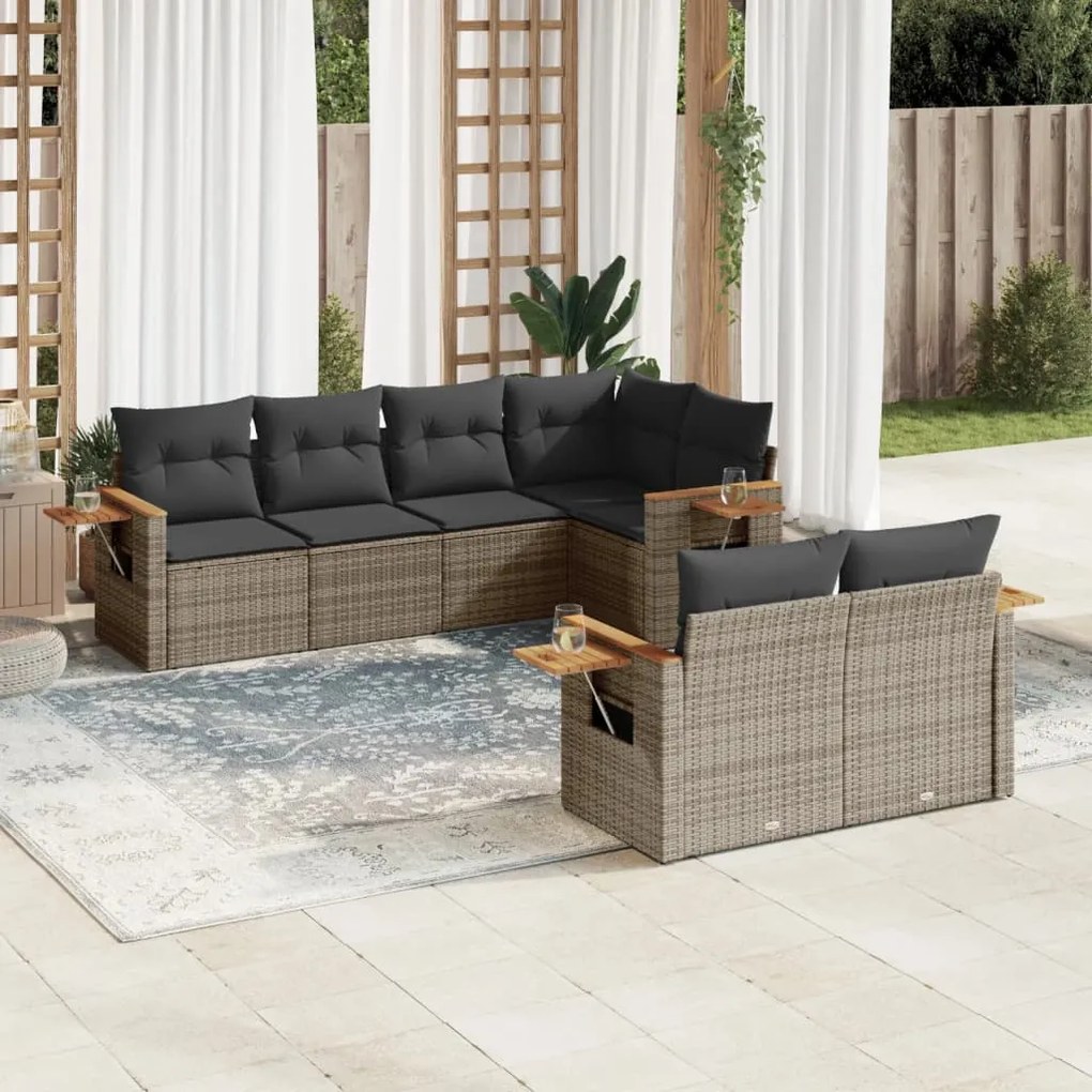 7 pcs conjunto sofás p/ jardim c/ almofadões vime PE cinzento