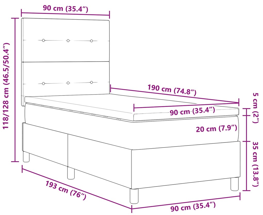 Cama Box Spring com Colchão Azul Escuro Solteiro Veludo