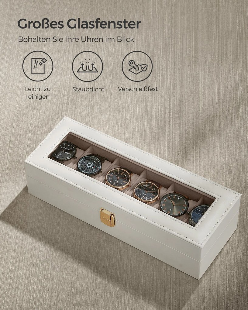 Caixa para relógios com 6 compartimentos 11,2 x 30 x 8 cm, fecho metálico, ideia para presente, branco
