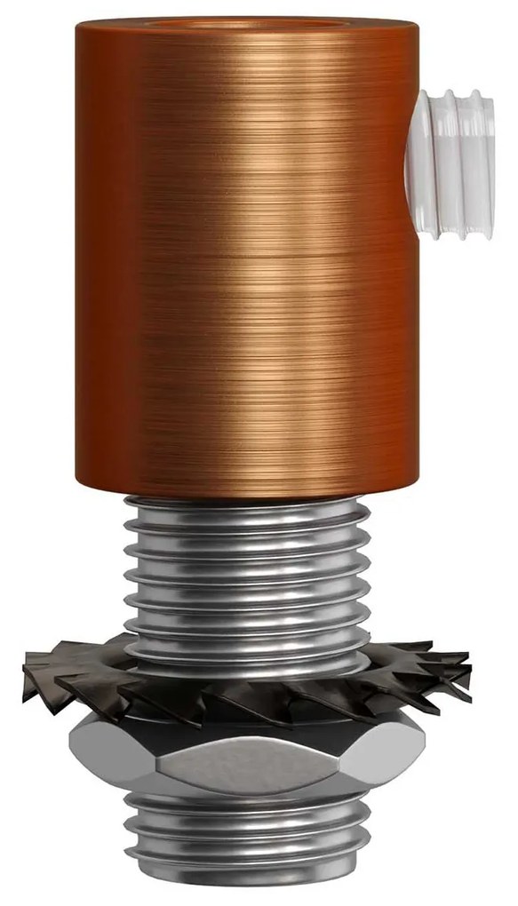 Brushed copper finish metal round strain relief clamp provided with threaded tube nut and washer.