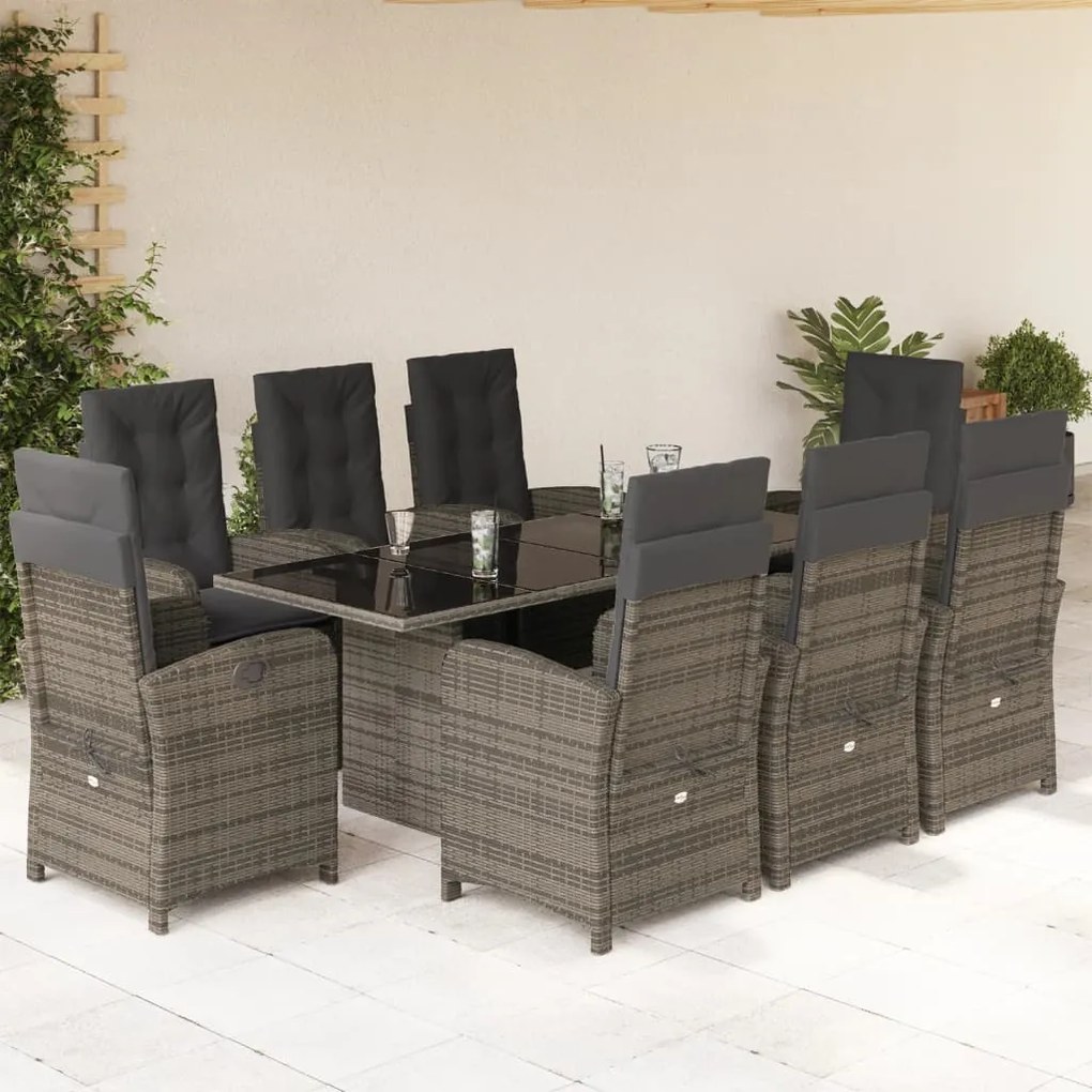 vidaXL 9 pcs conjunto de jantar p/ jardim c/ almofadões vime PE cinza