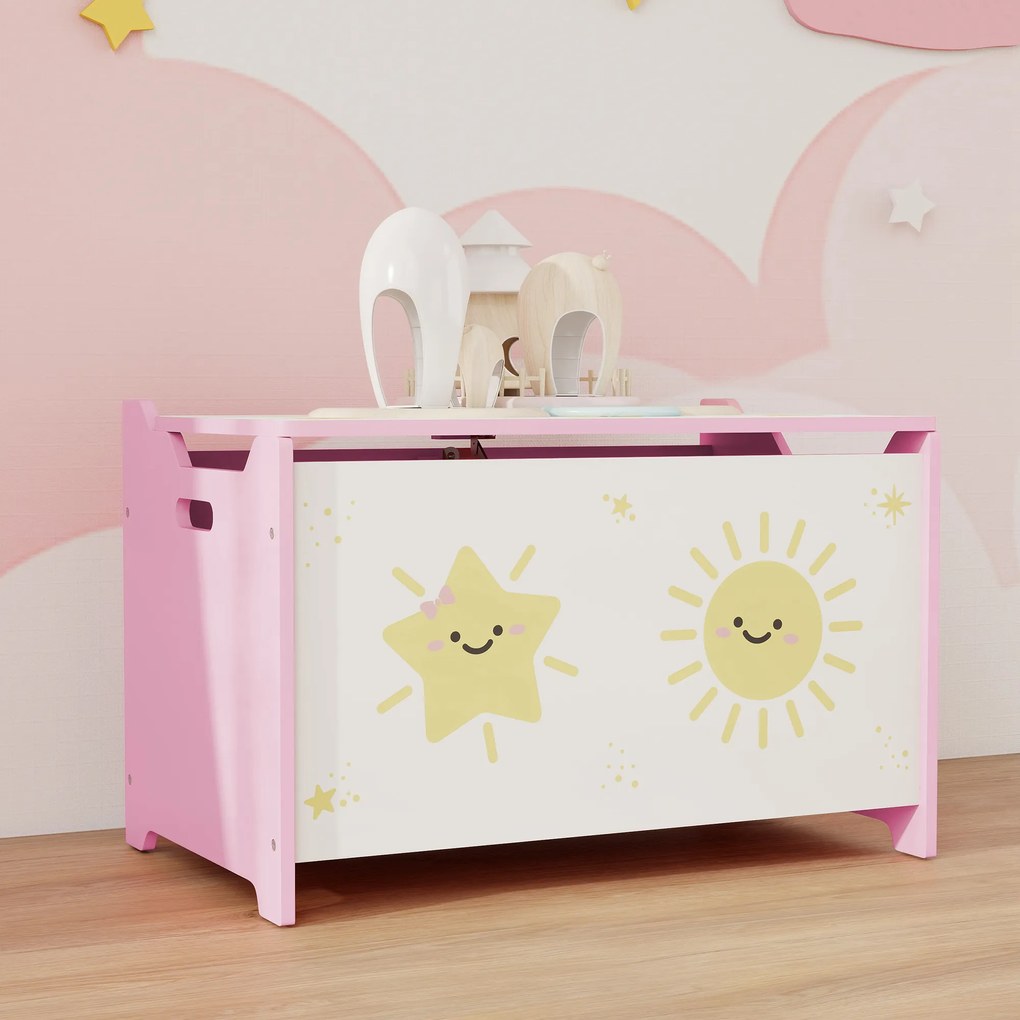 Baú Brinquedos Infantil 53 L Caixa de Arrumação Brinquedos com Tampa Rebatível e Pistão a Gás 60x37x39 cm Rosa