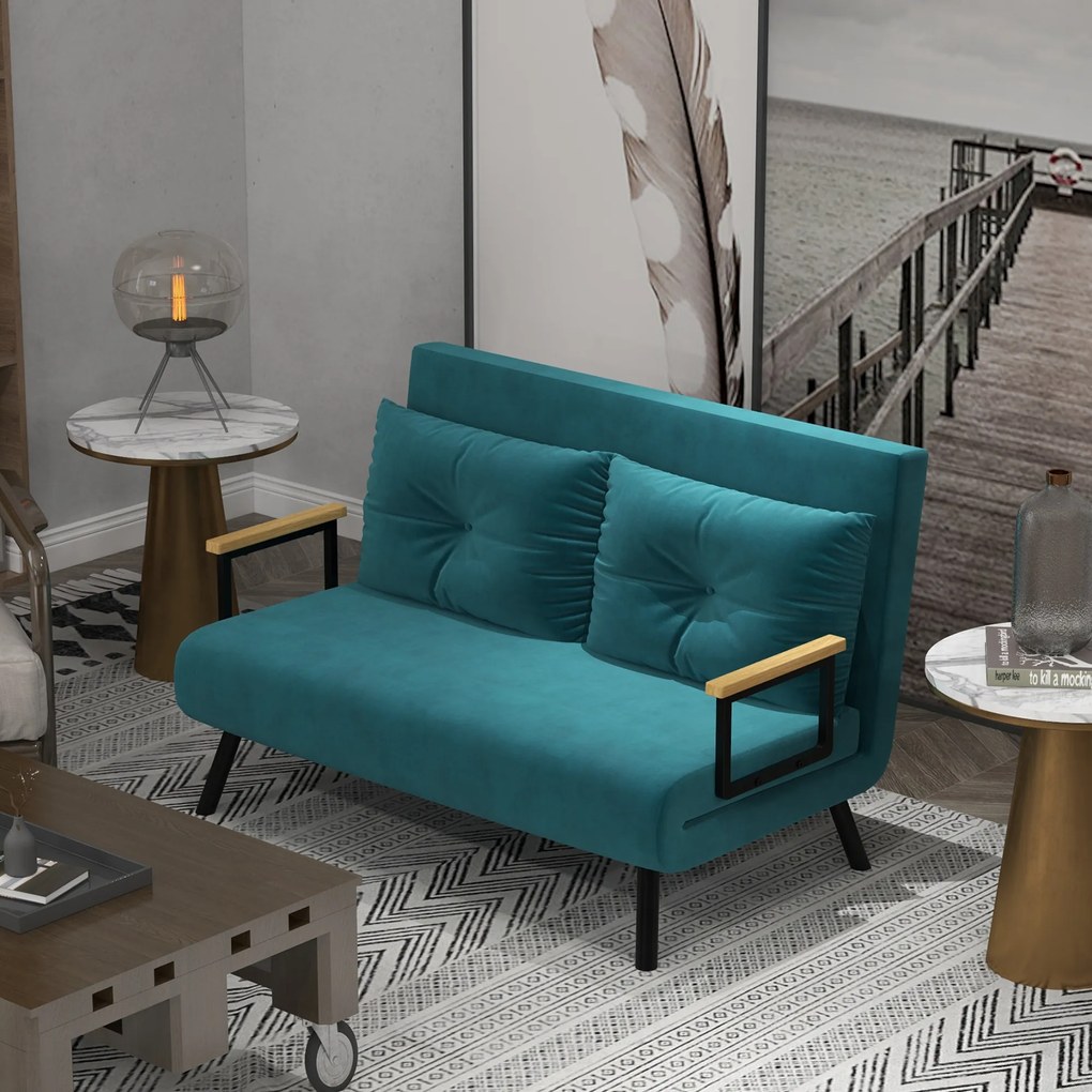 Sofá-cama de 2 lugares 102 C x 73 P x 81 A cm com encosto ajustável em 5 posições e 2 almofadas estofadas, revestimento em veludo, verde-pato