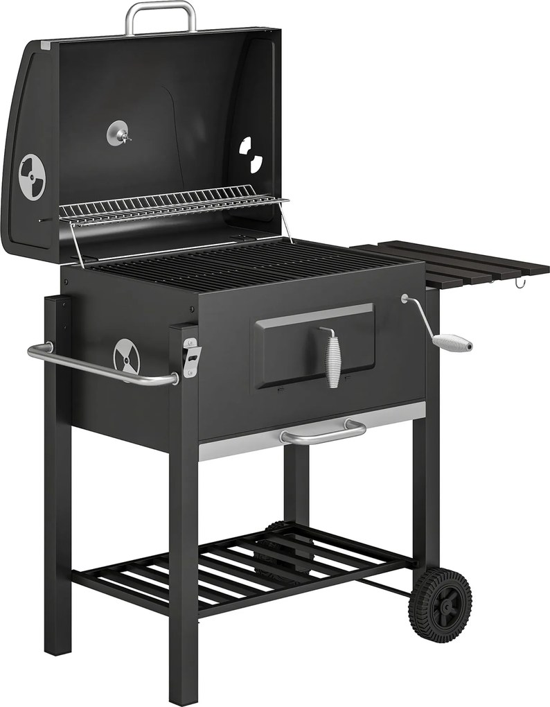 Outsunny Barbecue a Carvão com Rodas Tampa Grelhas de Aço Inoxidável Termômetro Bandeja Lateral e Prateleira 113x65x108 cm Preto | Aosom Portugal