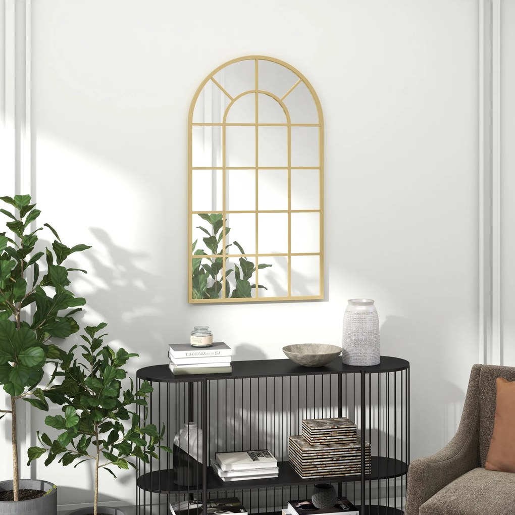 Espelho com vidro em arco, estilo industrial, janela em arco de metal, 110 x 65 cm, dourado