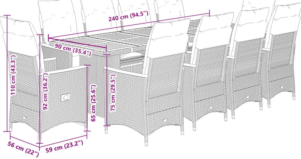 11 pcs conjunto de bistrô p/ jardim c/ almofadões vime PE preto