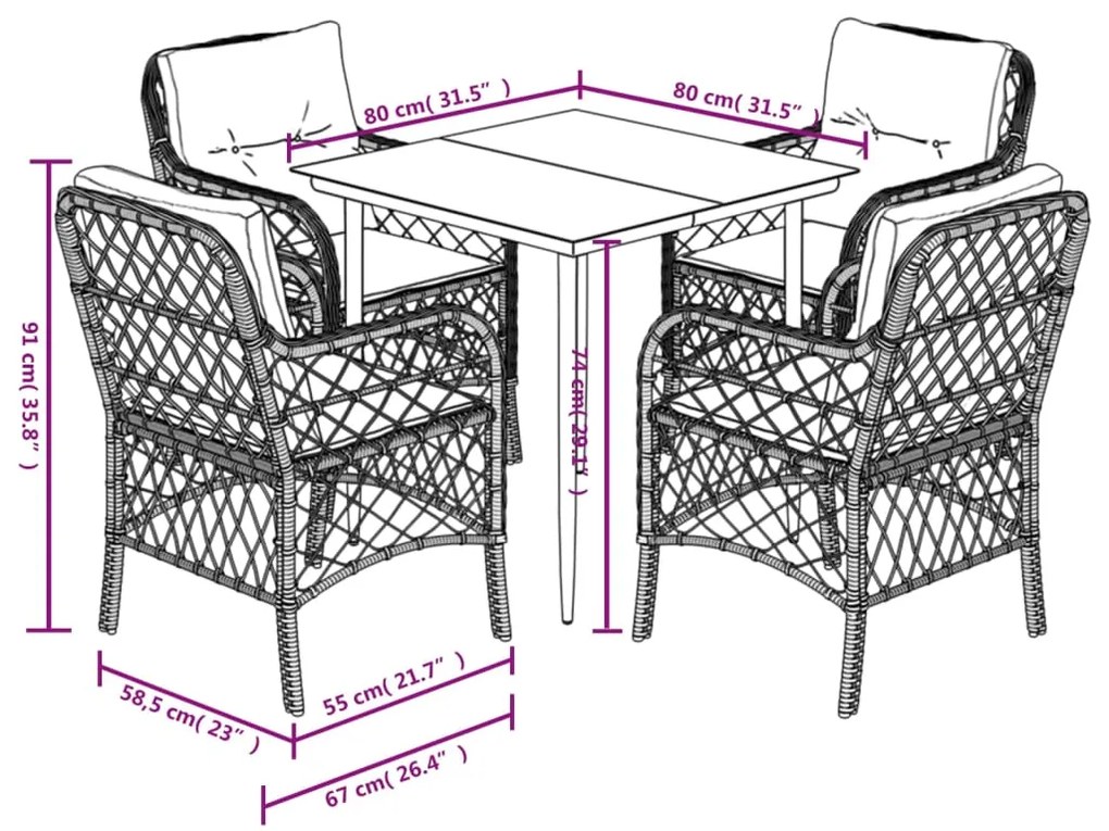 5 pcs conjunto de jantar p/ jardim c/ almofadões vime PE cinza
