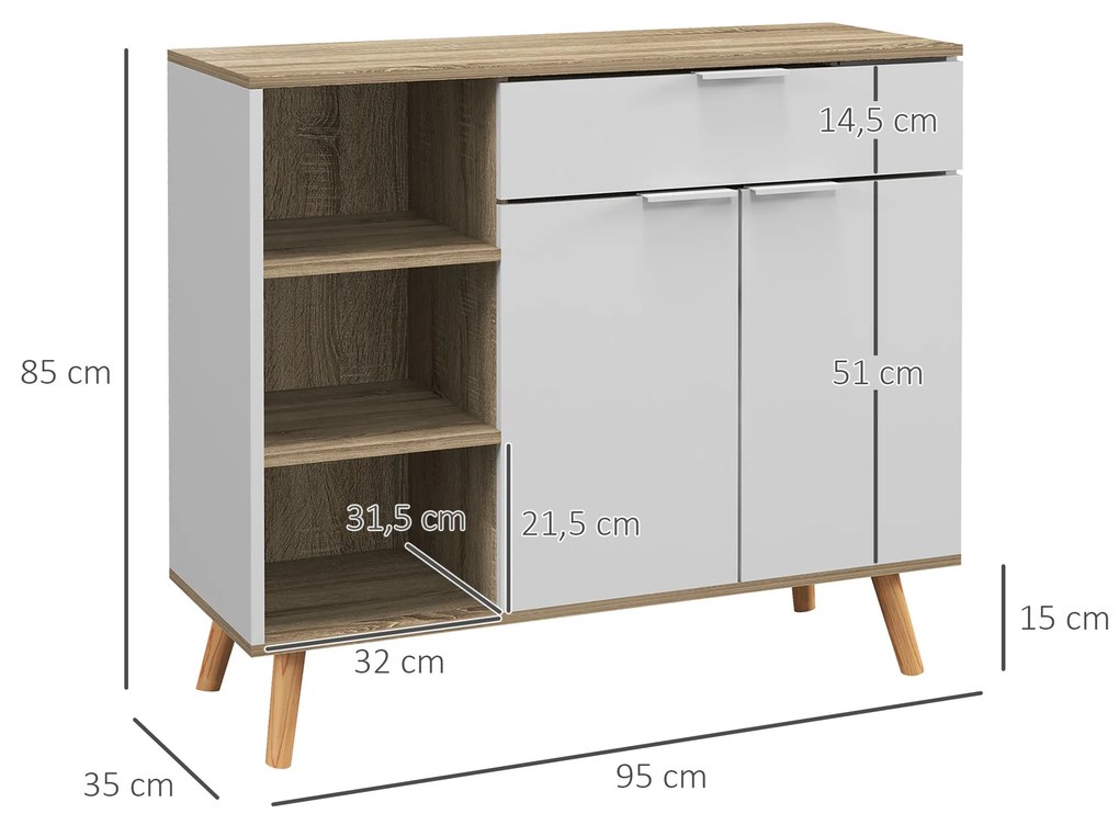Aparador Sala de Estar com 1 Gaveta 2 Portas de Fechamento Suave e Prateleiras Ajustáveis 95x35x85 cm Branco e Madeira