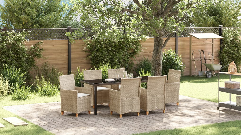 vidaXL Conjunto de Jantar de Jardim de 7 Peças com Almofadas Bege Rattan Poliéster