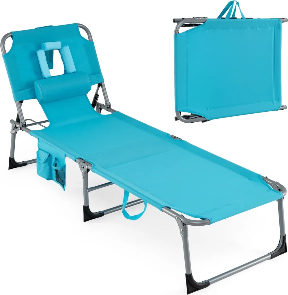 Espreguiçadeira dobrável para exterior, reclinável, com orifícios, apoio para o rosto, braços e encosto ajustável, bolsos, portátil, para praia e pisc