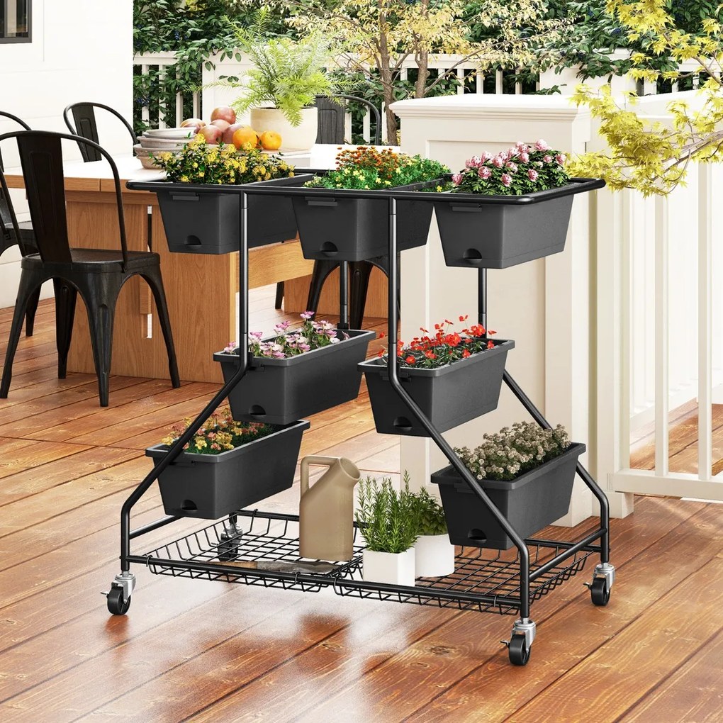 Floreira elevada com rodas 7 caixas de plantação Cestos de arrumação 100 x 56 x 99 cm Preto