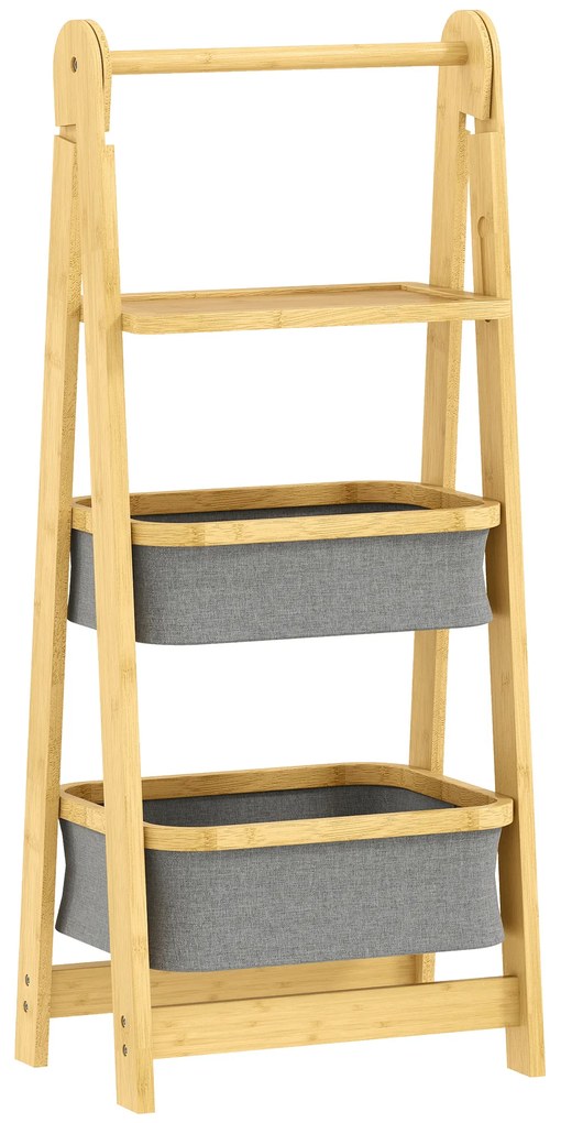 HOMCOM Estante Dobrável para Casa de Banho de Bambu com 2 Cestos para Roupa Suja Estante Aberto 44,5x32x99 cm Cinzento | Aosom Portugal