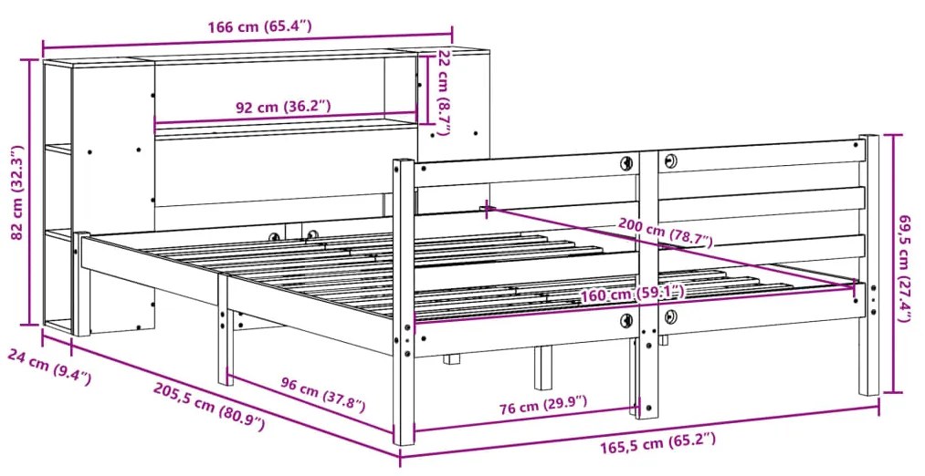 Cama com estante sem colchão 160x200 cm pinho maciço