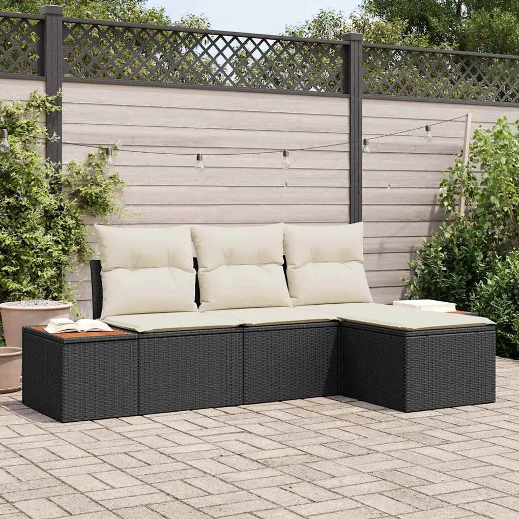 vidaXL Conjunto de Sofá de Jardim com almofada 4 pcs Preto e Creme