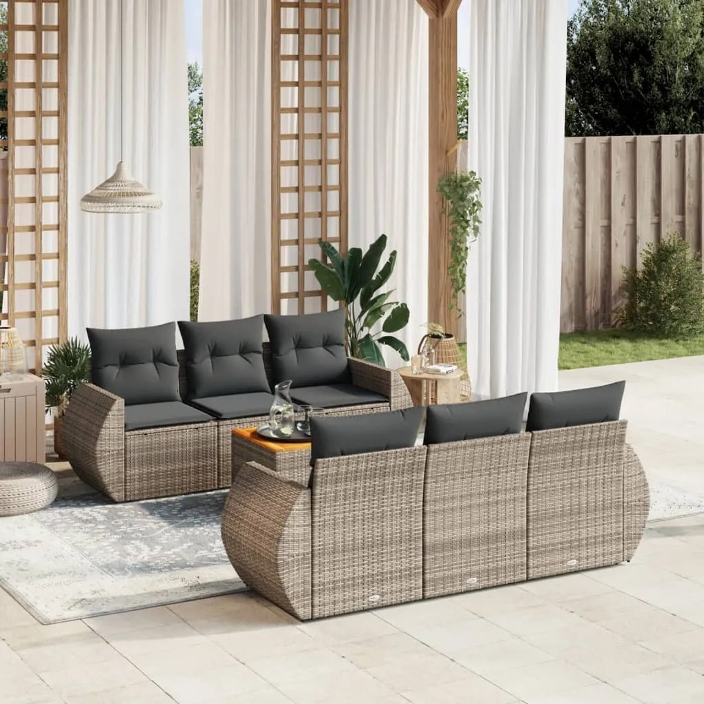 7 pcs conjunto sofás p/ jardim c/ almofadões vime PE cinzento