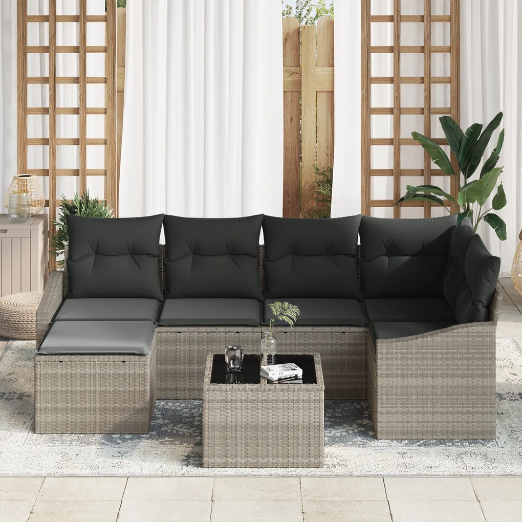 Conjunto de Jantar de 7 Peças para Jardim com Almofadas Cinza Vime PE