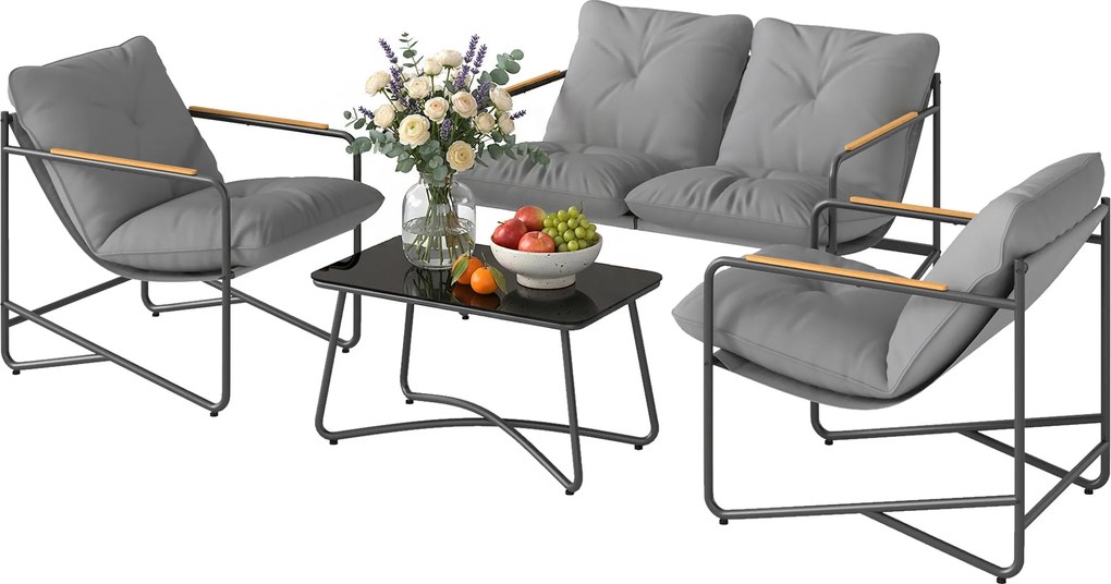 Conjunto de jardim de 4 peças com sofá de 2 lugares, 2 poltronas e mesa de centro em vidro temperado; almofadas de 13 cm em cinzento claro