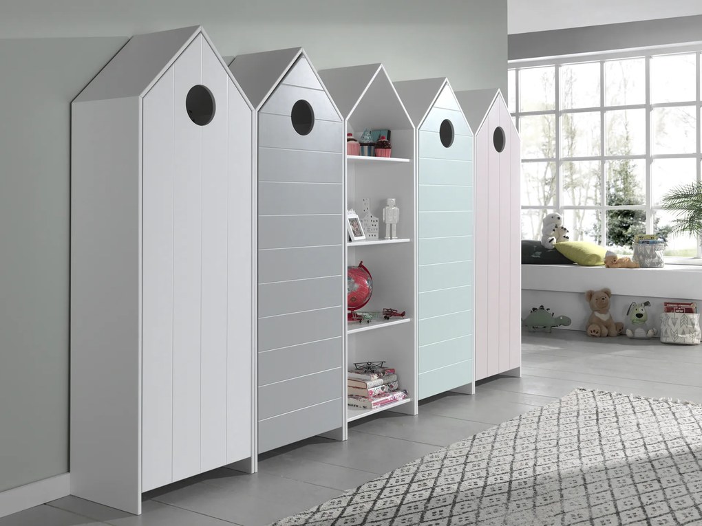 Conjunto 4 armarios Guarda Roupa infantil + estante infantil coleção CASAMI Rosa, Cinza, Verde e Branco