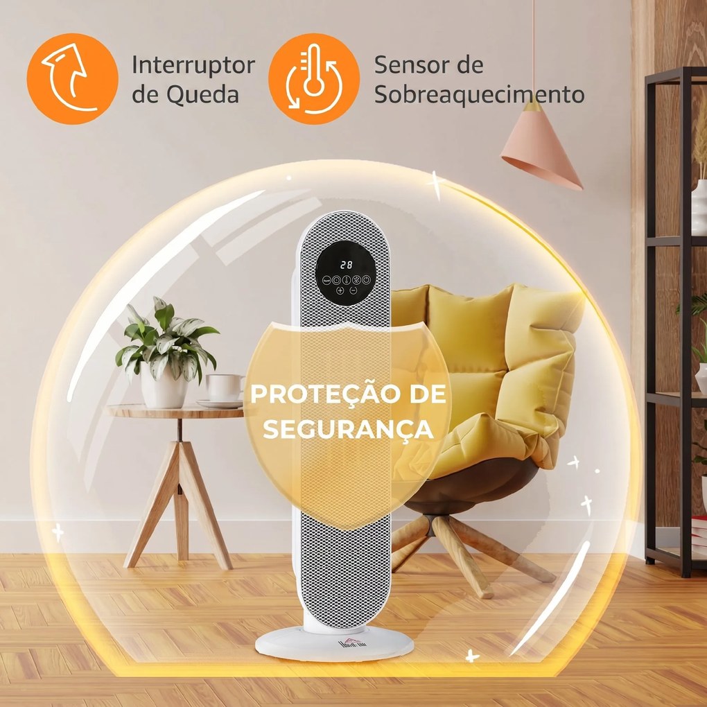 Aquecedor Elétrico Cerâmico PTC 1300/2000 W com Controlo Remoto, Oscilação 45°, Temporizador 12 h, Branco