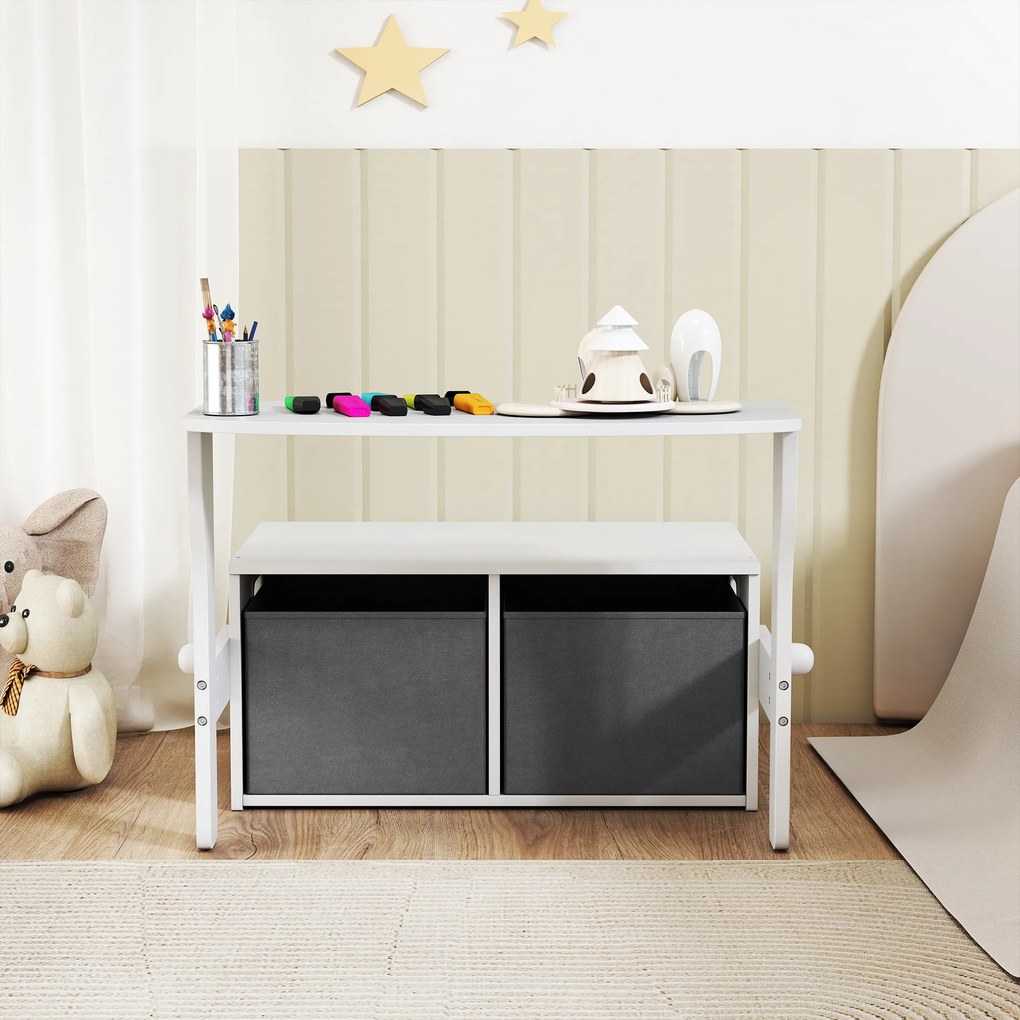Banco para Crianças Conversível 3 em 1 Conjunto de Mesa e Cadeira Baú de Brinquedos com Cubos de Tecido Removíveis Branco