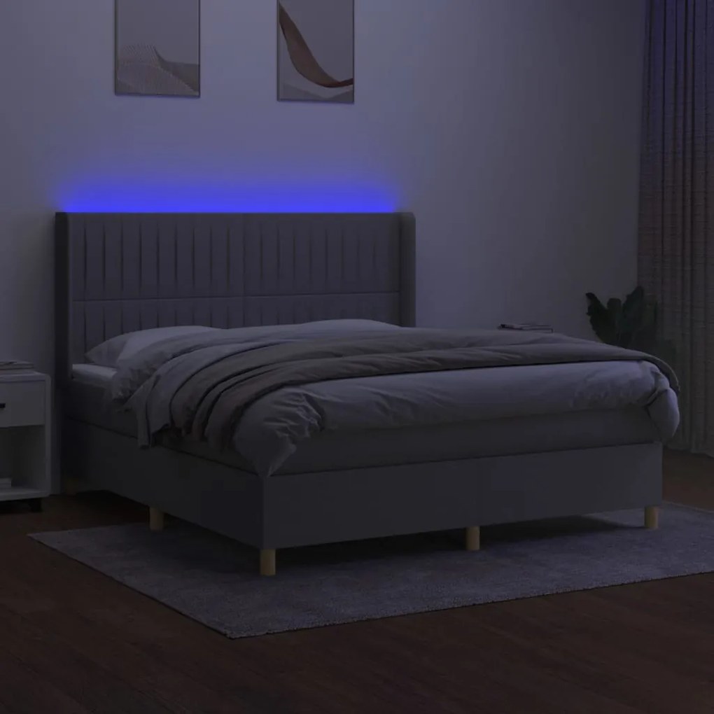 Cama box spring c/ colchão e LED 160x200 cm tecido cinza-claro