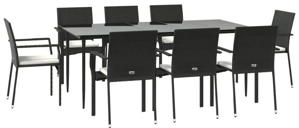 9 pcs conjunto de jantar p/ jardim c/ almofadões vime PE preto