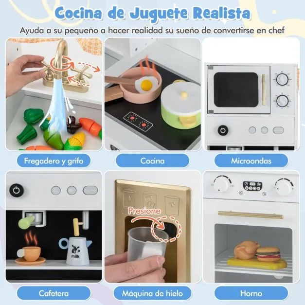Cozinha de madeira para crianças de 3 anos com micro-ondas, máquina de café, máquina de gelo, lava-loiça, relógios, forno e acessórios Branca