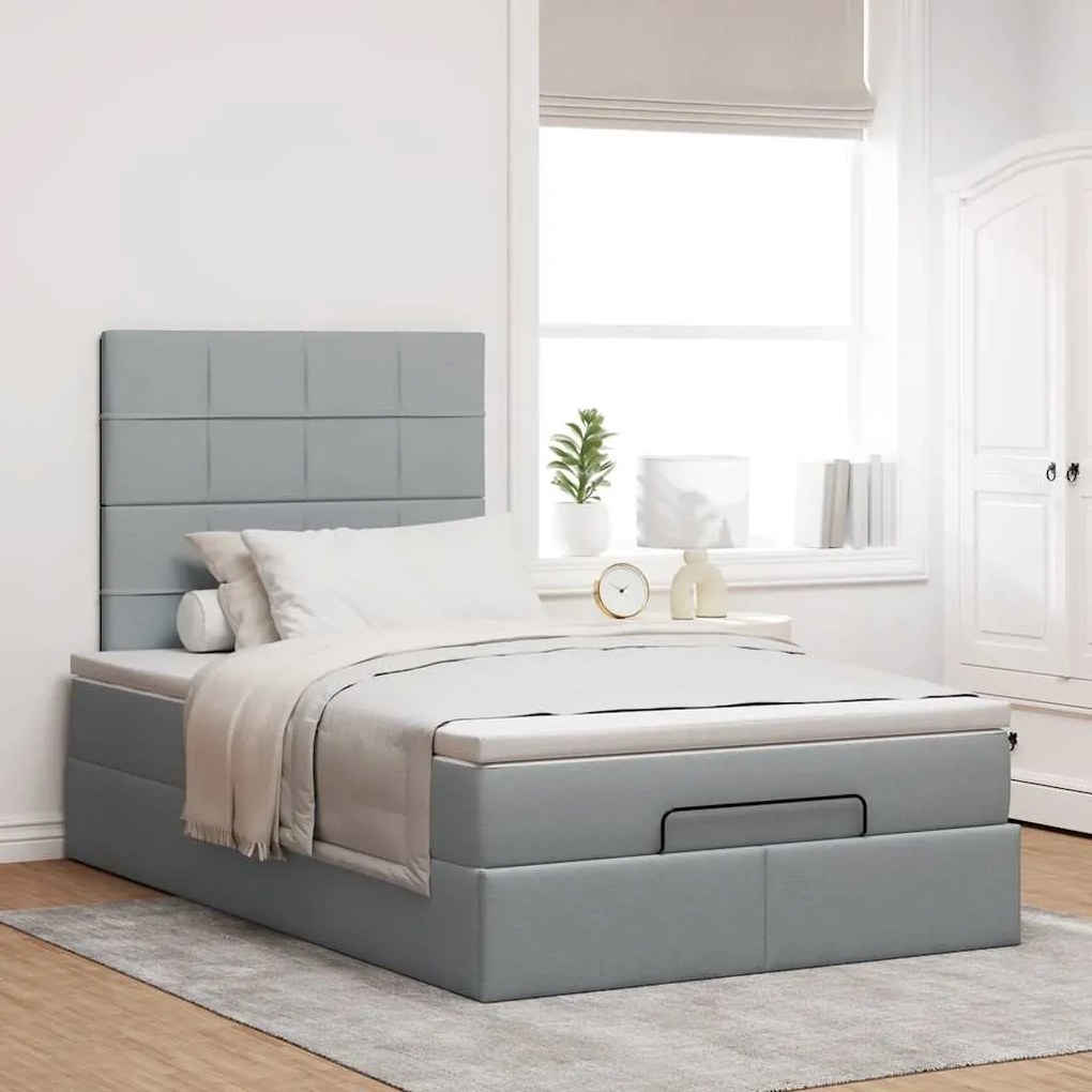 Estrutura de cama otomana com colchão cinza claro tecido