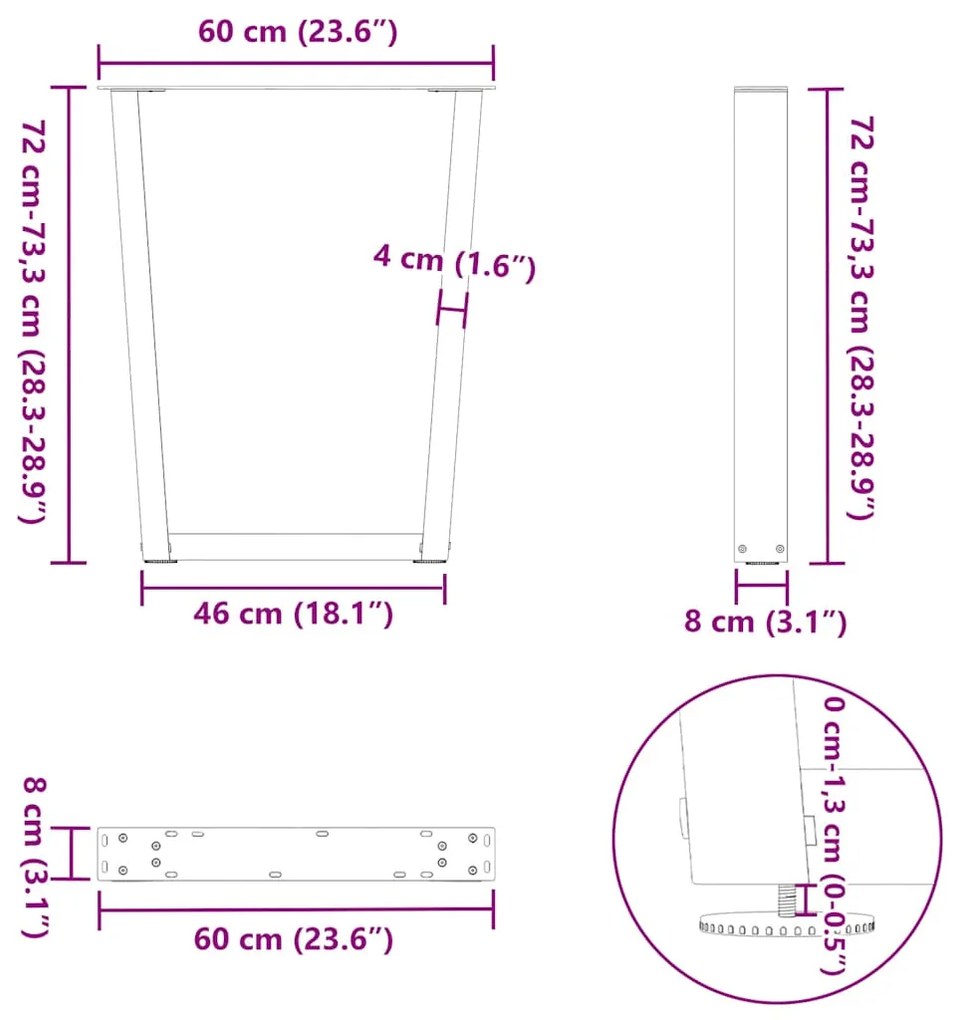 Pés para mesa de jantar em formato de V, 2 peças, aço natural, 60x(72-
