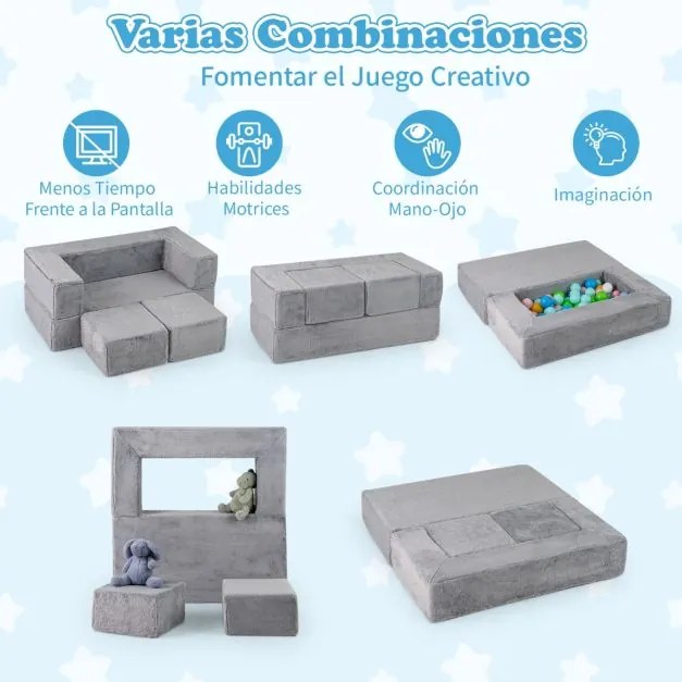 Sofá modular para crianças Sofá-cama convertível de espuma para crianças Sofá dobrável de pelúcia para sala de jogos Quarto de dormir Cinzento