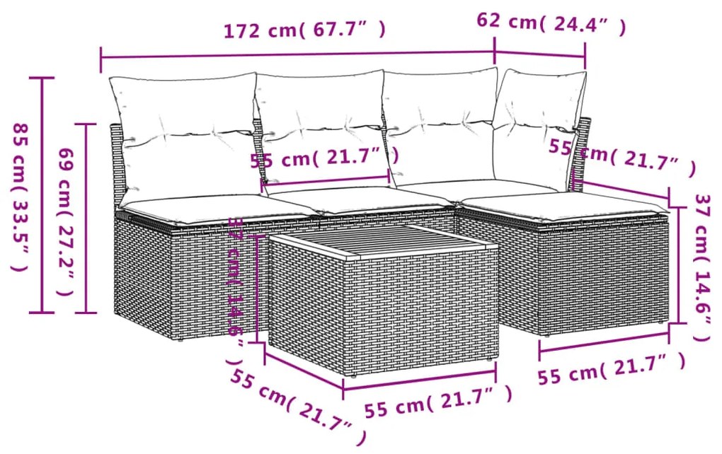 5 pcs conjunto de sofás p/ jardim com almofadões vime PE bege