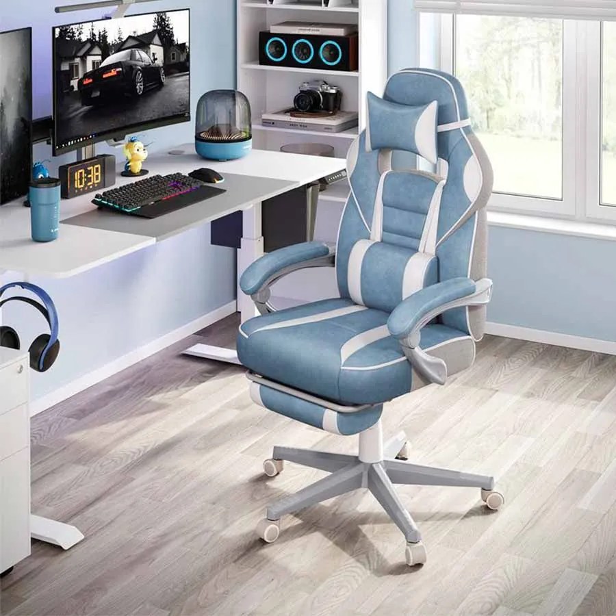 Cadeira Gaming com encosto reclinável e almofada para o apoio de cabeça Azul marinho + branco creme