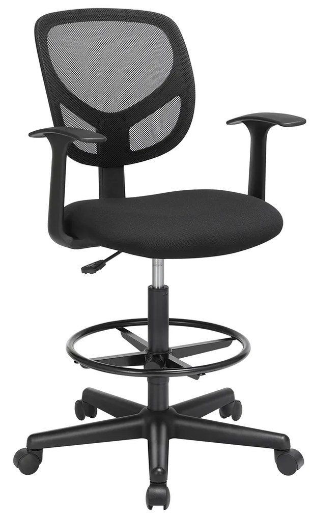 Cadeira de escritório SONGMICS, banco de trabalho ergonômico com apoios de braços, altura do assento 55-75 cm, cadeira de trabalho alta com anel de pé ajustável, capacidade de carga 120 kg, preta, OBN25BK