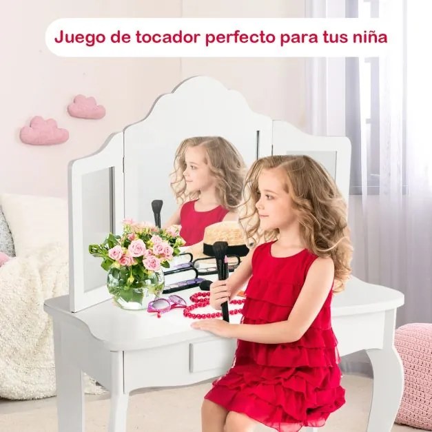 Conjunto de Toucador para Crianças com Espelho Dobrável Banco em 3 Partes e Gaveta 70 x 34 x 104 cm Branco
