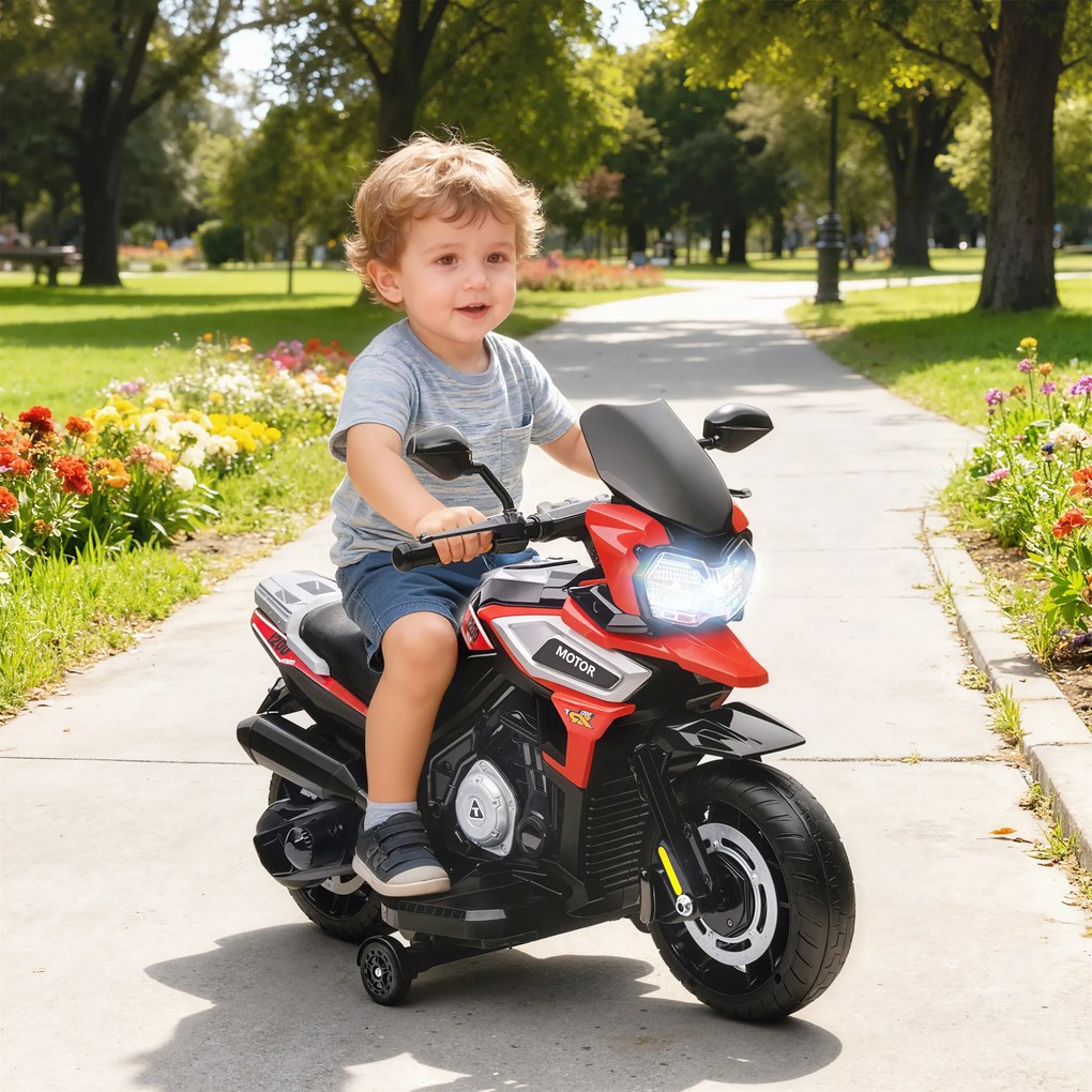 Moto Elétrica Infantil 6 V para crianças 18 a 36 meses, 85,5 x 44,5 x 56 cm, Rodas de Aprendizagem, Vermelho