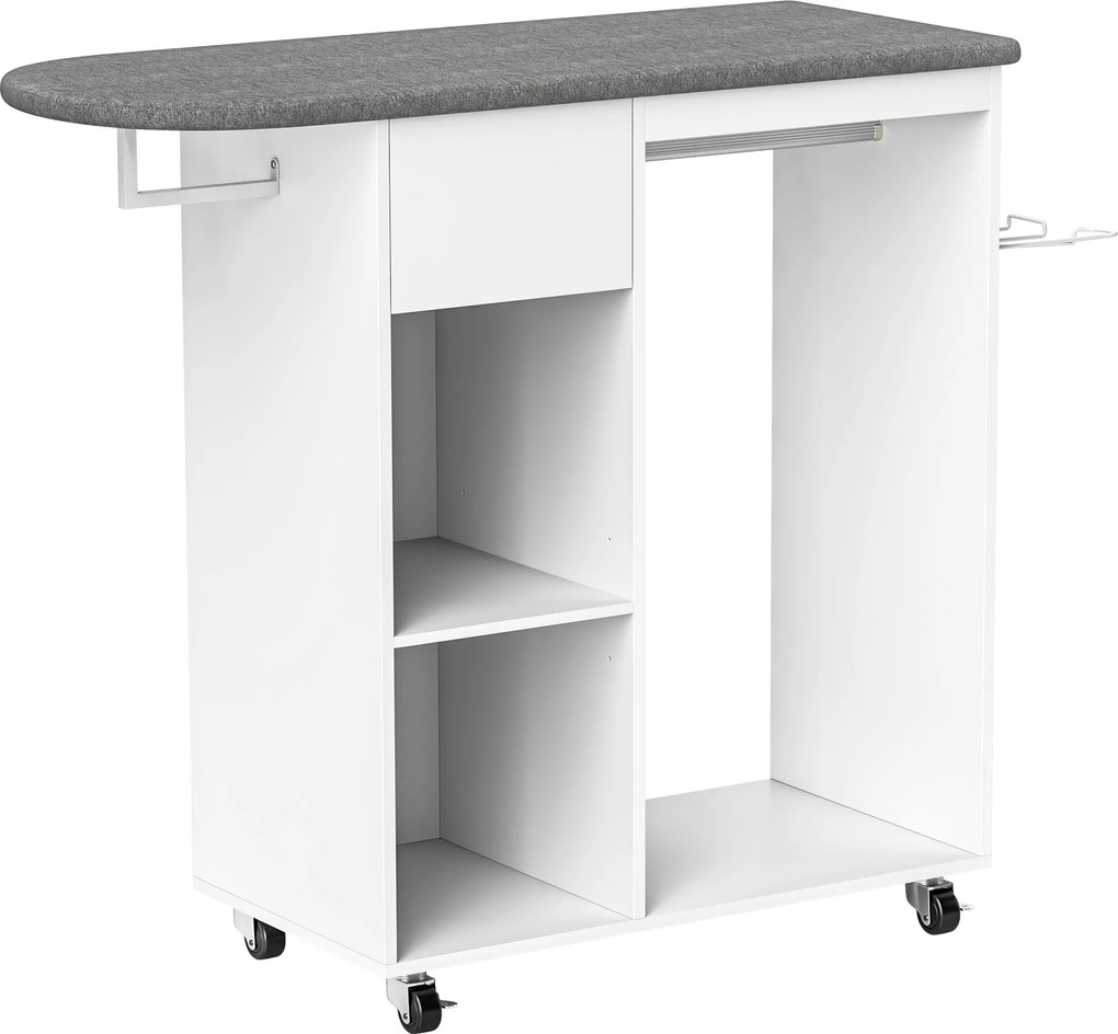 HOMCOM Estação de Engomar com Rodas Suporte para Ferro e Barra de Roupa 125x43,5x102,5 cm Branco | Aosom Portugal