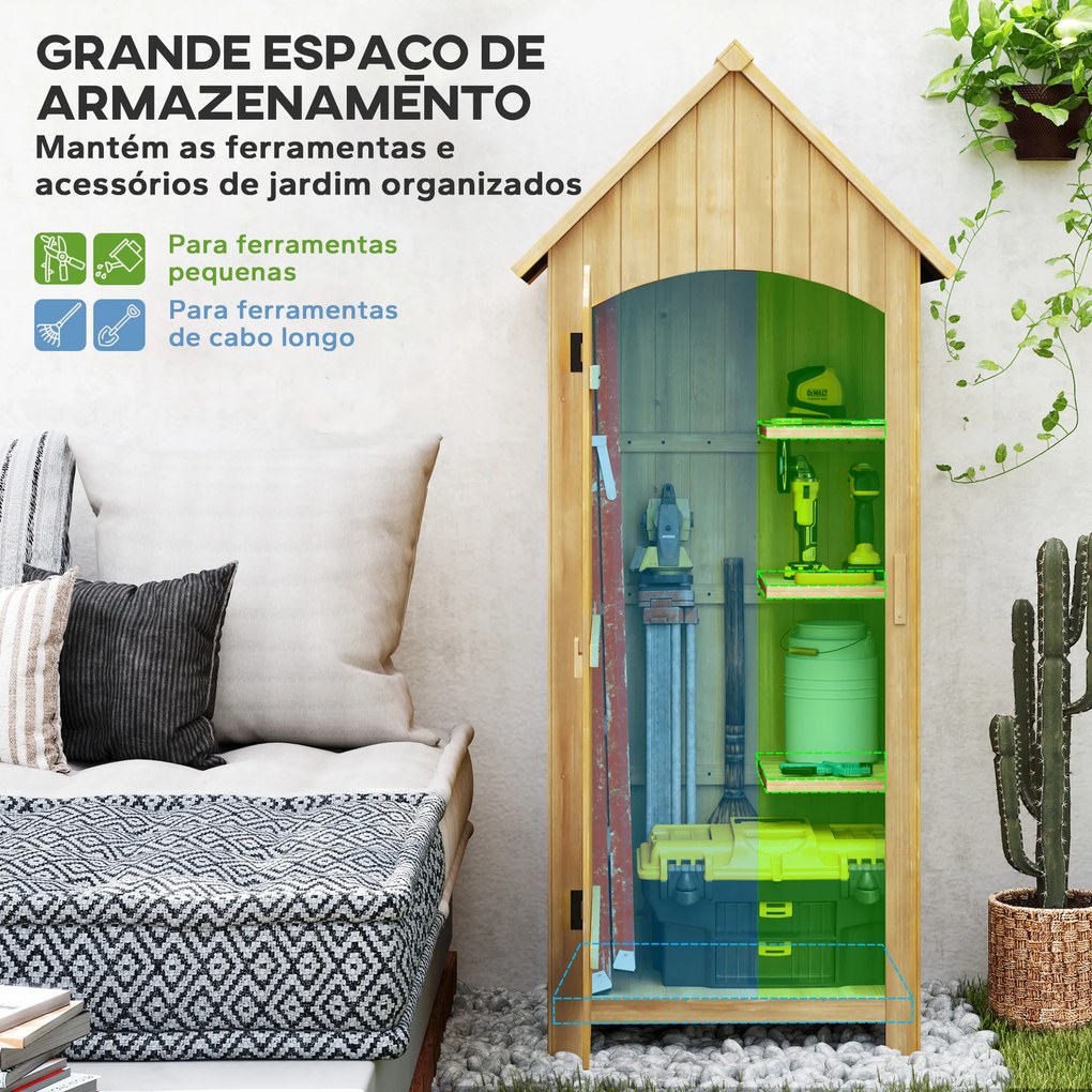 Armário Abrigo Jardim de Madeira 77,5x54,2x179,5 cm 0,3 m² para Arrumação de Ferramentas com 3 Prateleiras e 2 Portas com Fecho Madeira