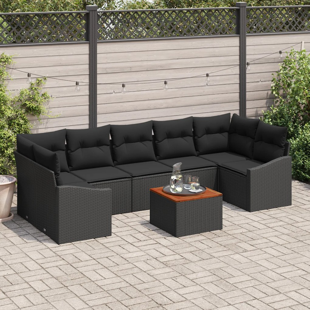 vidaXL Conjunto de Sofá de Jardim de 8 Peças com Almofadas Preto Rattan Acácia