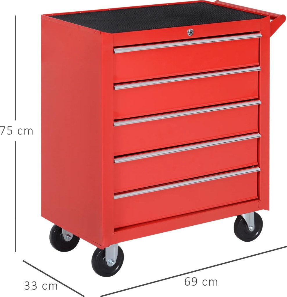 Carrinho de Ferramentas com 5 Gavetas Rodas Trava Armário de Armazenamento para Oficina de Garagem e Chapa de Aço 69x33x75 cm Vermelho