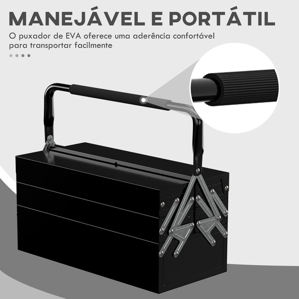 Caixa de Ferramentas de Aço Dobrável com 5 Compartimentos Mala de Ferramentas com Pega para Oficina e Casa 45x20x34,5 cm Preto