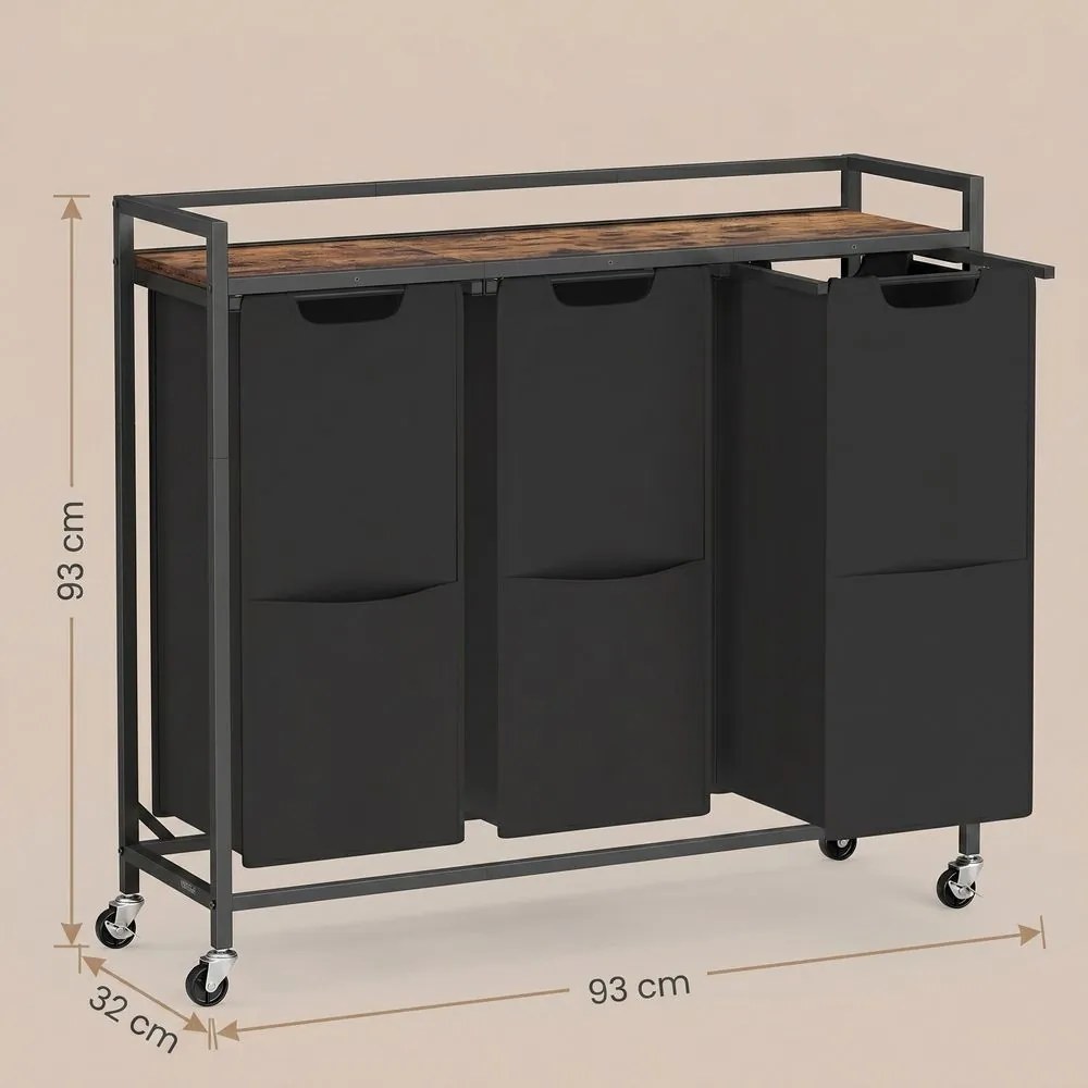 Carrinho de roupa com 3 compartimentos 93 x 32 x 93 cm, sacos de roupa removíveis, prateleira para arrumação preto-castanho