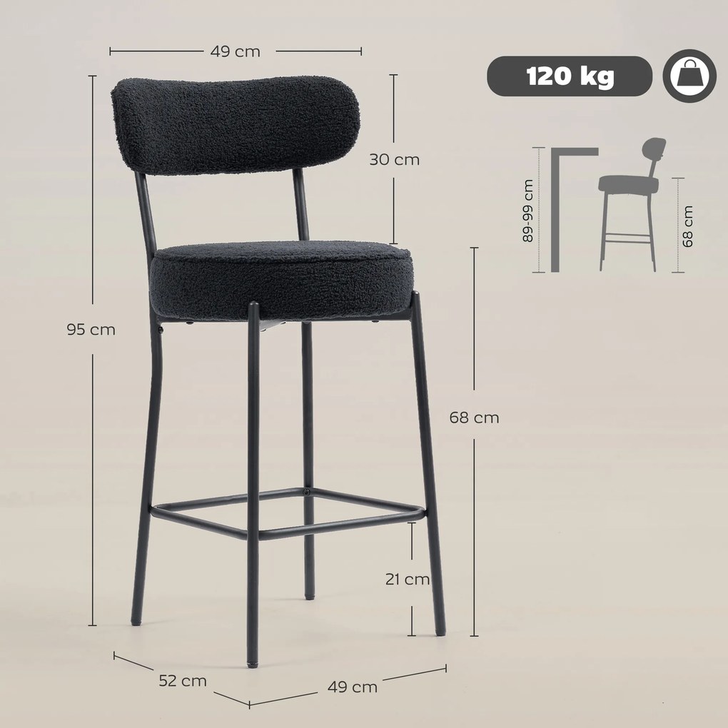 Conjunto de 2 bancos de bar em tecido felpudo, bancos de bar com encosto curvo e apoio para os pés, 49 x 52 x 95 cm, preto