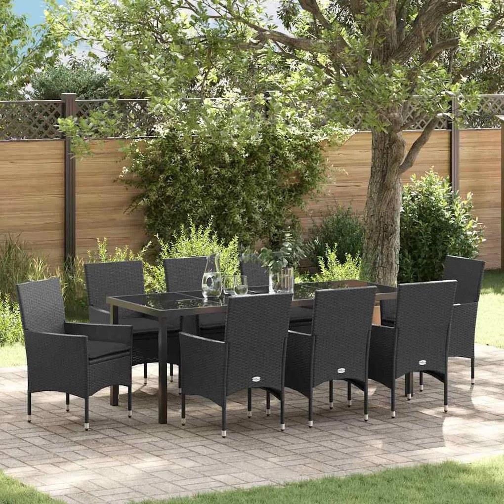 vidaXL Conjunto de Jantar de Jardim de 9 Peças com Almofadas - Preto - Rattan Sintético