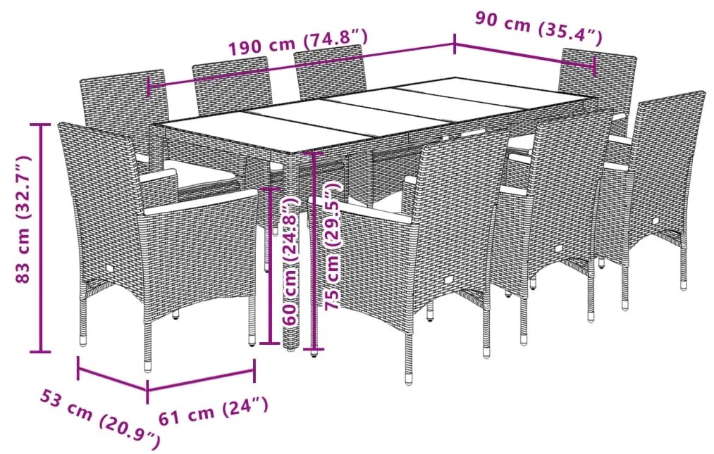 9 pcs conjunto jantar jardim c/ almofadões vime PE/acácia cinza