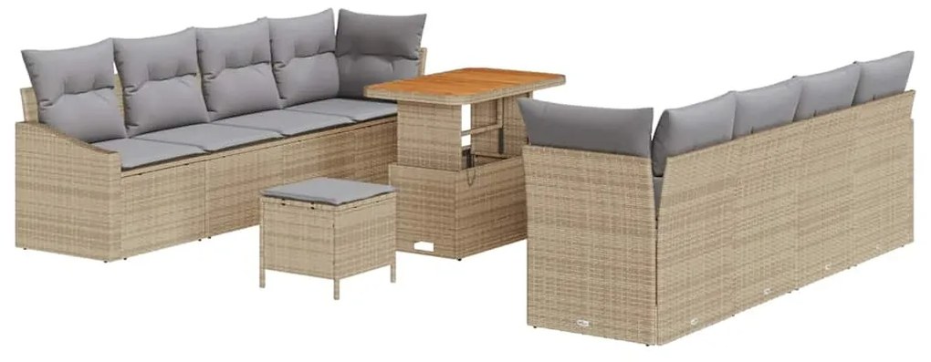 Conjunto de Sofá de Jardim de 11 Peças com Almofadas Bege Rattan Polim