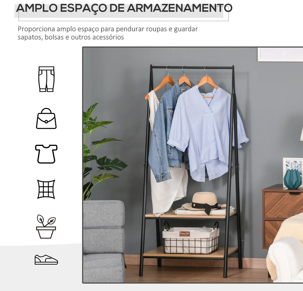 Suporte para Cabides com 2 Prateleiras de Armazenamento Barra para Pendurar e Estrutura de Aço 64x42,5x149 cm Preto