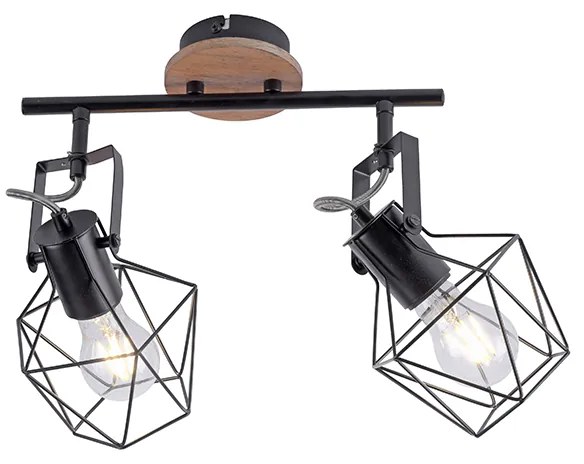 Foco industrial preto com madeira 2 luzes - Sven Moderno