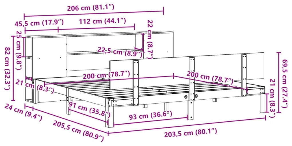 Cama com estante sem colchão 200x200 cm pinho maciço