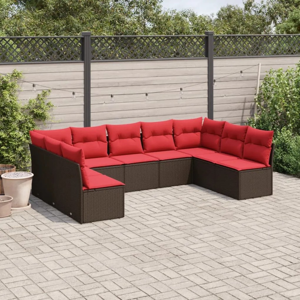 vidaXL 9 pcs conjunto sofás p/ jardim c/ almofadões vime PE castanho
