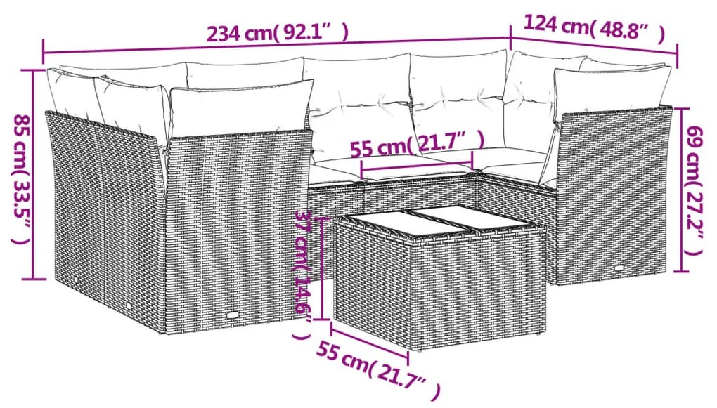 7 pcs conjunto de sofás p/ jardim c/ almofadões vime PE preto